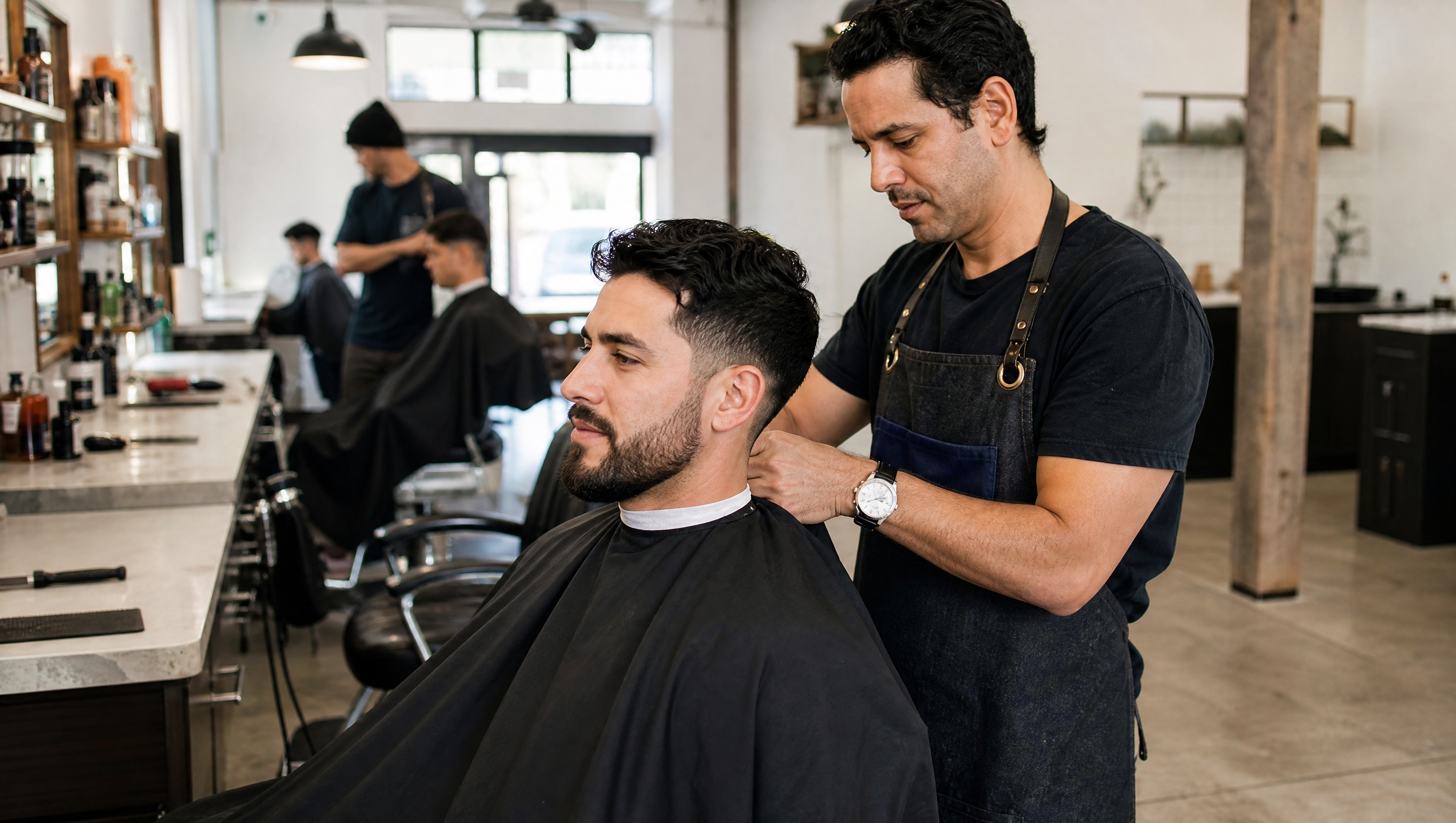 Cliente de salão de beleza moderno escaneando um código QR para pagar após uma consulta