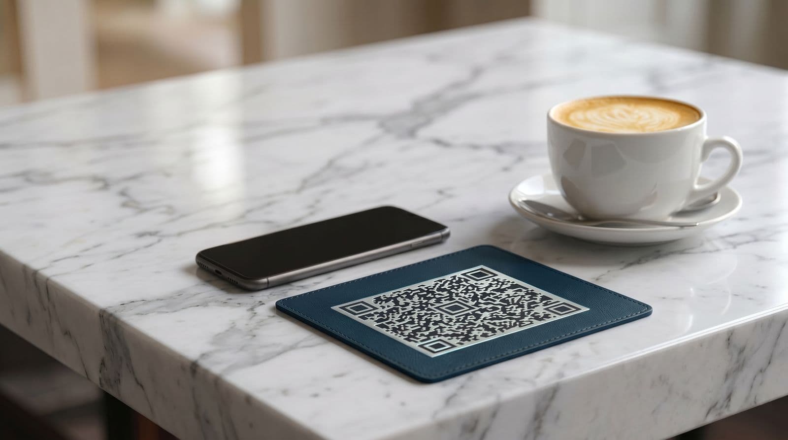 Mão segurando um telefone digitalizando um código QR para iniciar um pedido