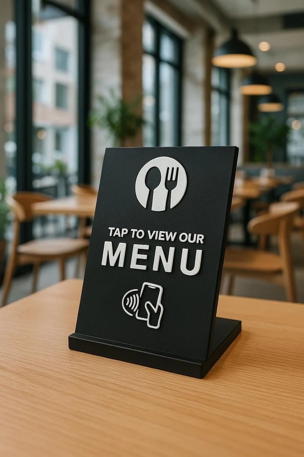 Suporte preto tap-to-view-menu sobre mesa de madeira
