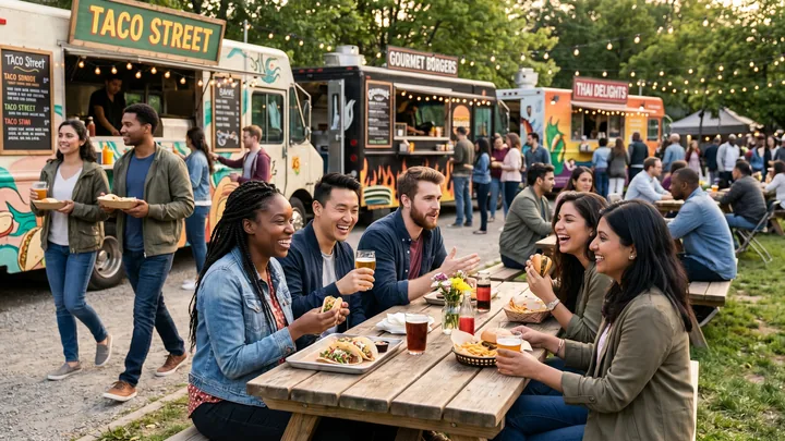Food truck with customers scanning a QR code in line to order and pay
