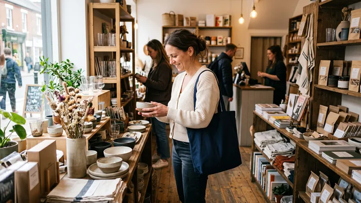 Specialty retail shop with customers using a QR code to browse and pay